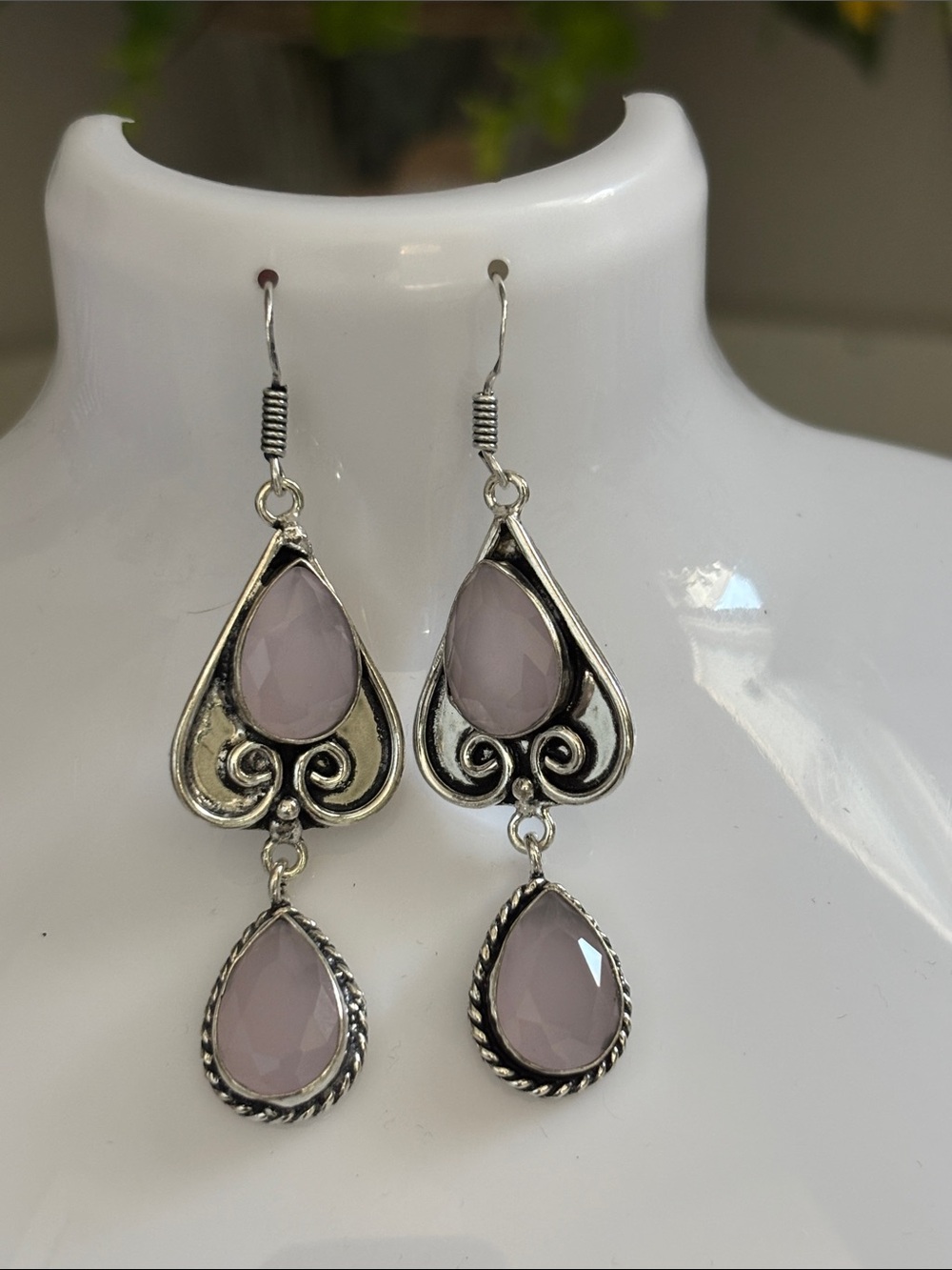 Silver Pink Rose Chalcedony Gemstone Teardrop Dangle Earrings